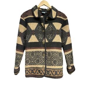 Ivy Brand Geometric Wool Blend Jacket Coat Button Down Size M Brown Black
